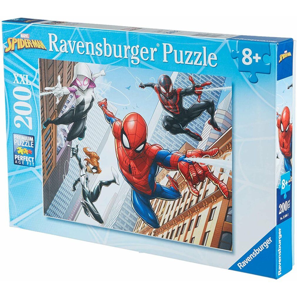 Scatola puzzle Spiderman. Contiene 200 pezzi XXL. Marca: Ravensburger. Età consigliata: 8+. Scritta: Marvel, Spiderman.