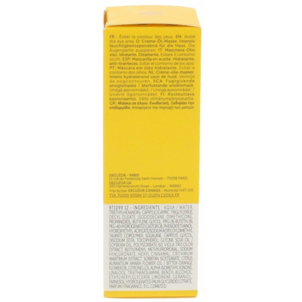 Scatola gialla con testo. Scritta: Decleor, ingredienti, istruzioni per l'uso in più lingue.