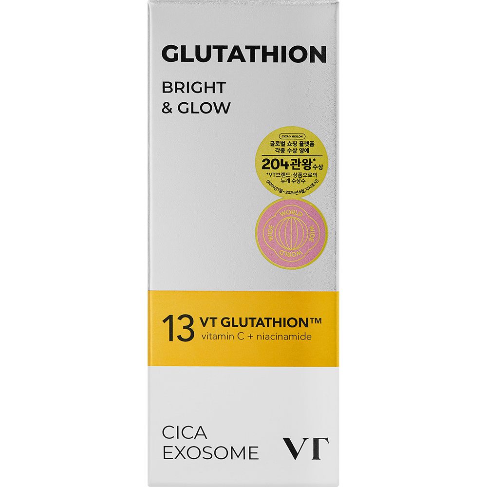Confezione bianca con scritta: Glutathion Bright & Glow, 13 VT Glutathion Cica Exosome. Adesivi rotondi.