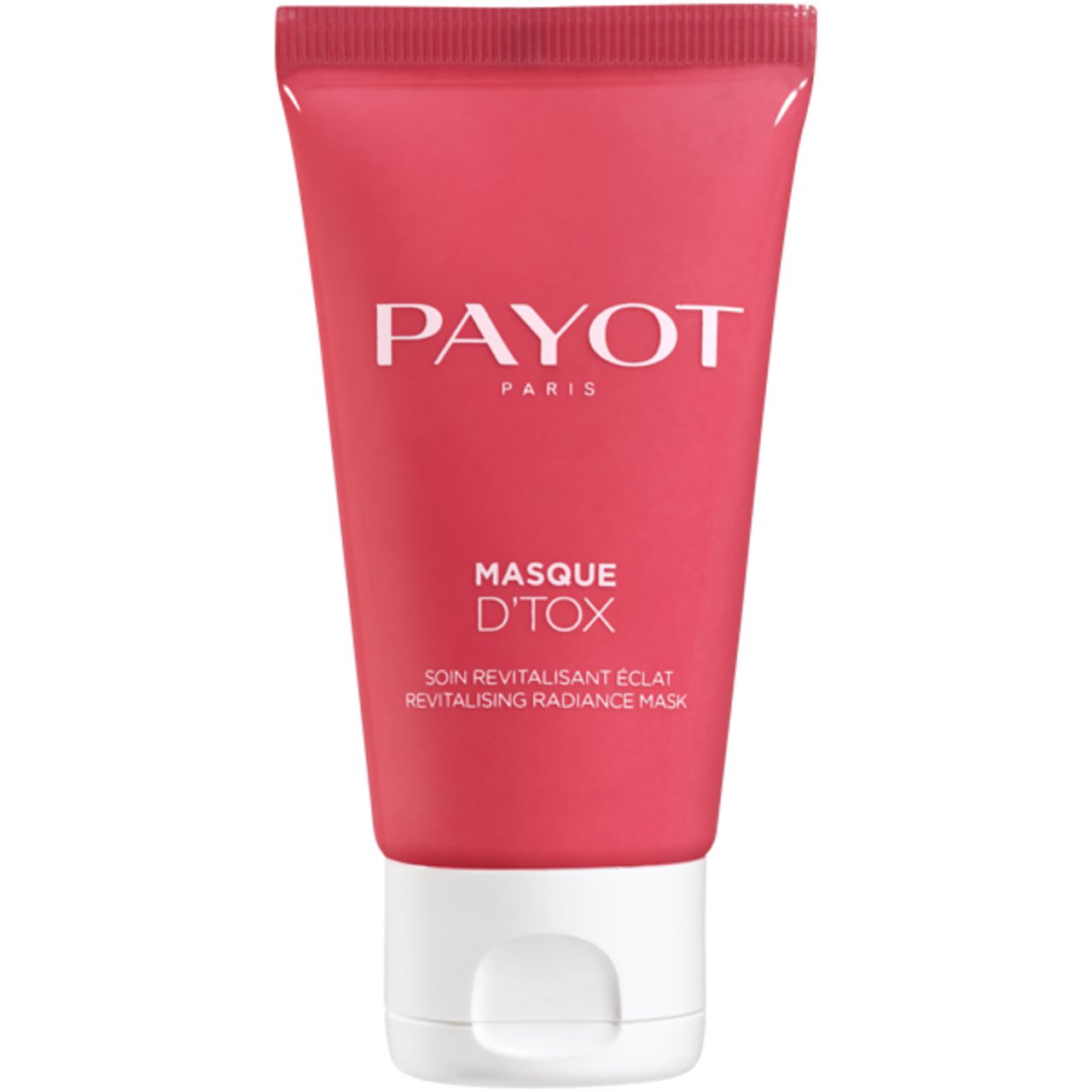 Tubo rosa con tappo bianco. PAYOT PARIS in alto. Sotto: Masque D'Tox, Soin revitalisant éclat, revitalising radiance mask.