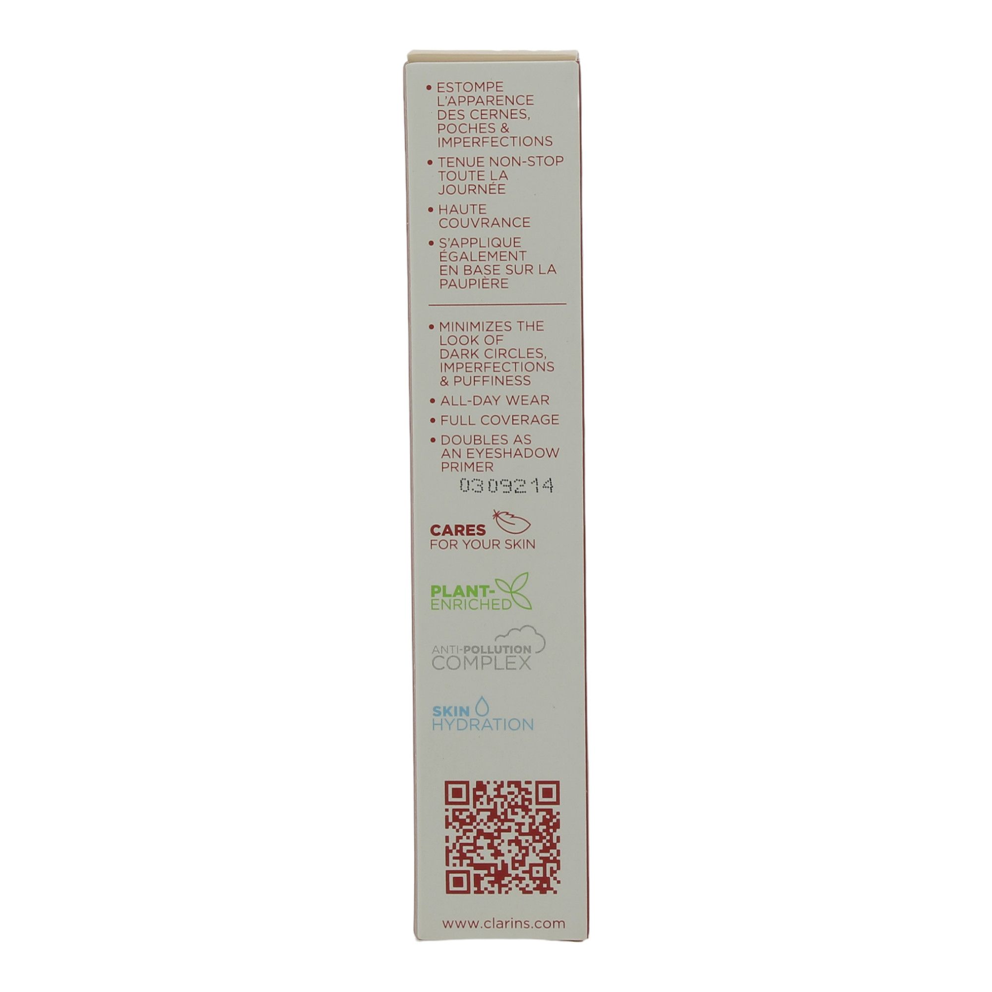 Retro confezione correttore Clarins Everlasting. Testo: Minimizza occhiaie, copertura totale, 0309214, idratazione della pelle, codice QR.