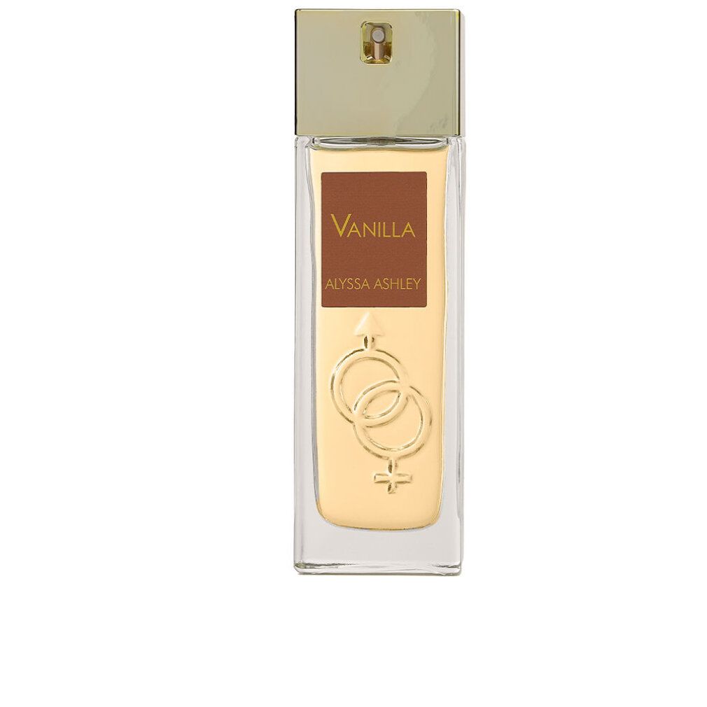 Flacone rettangolare con tappo dorato. Scritta "Vanilla" e "Alyssa Ashley".