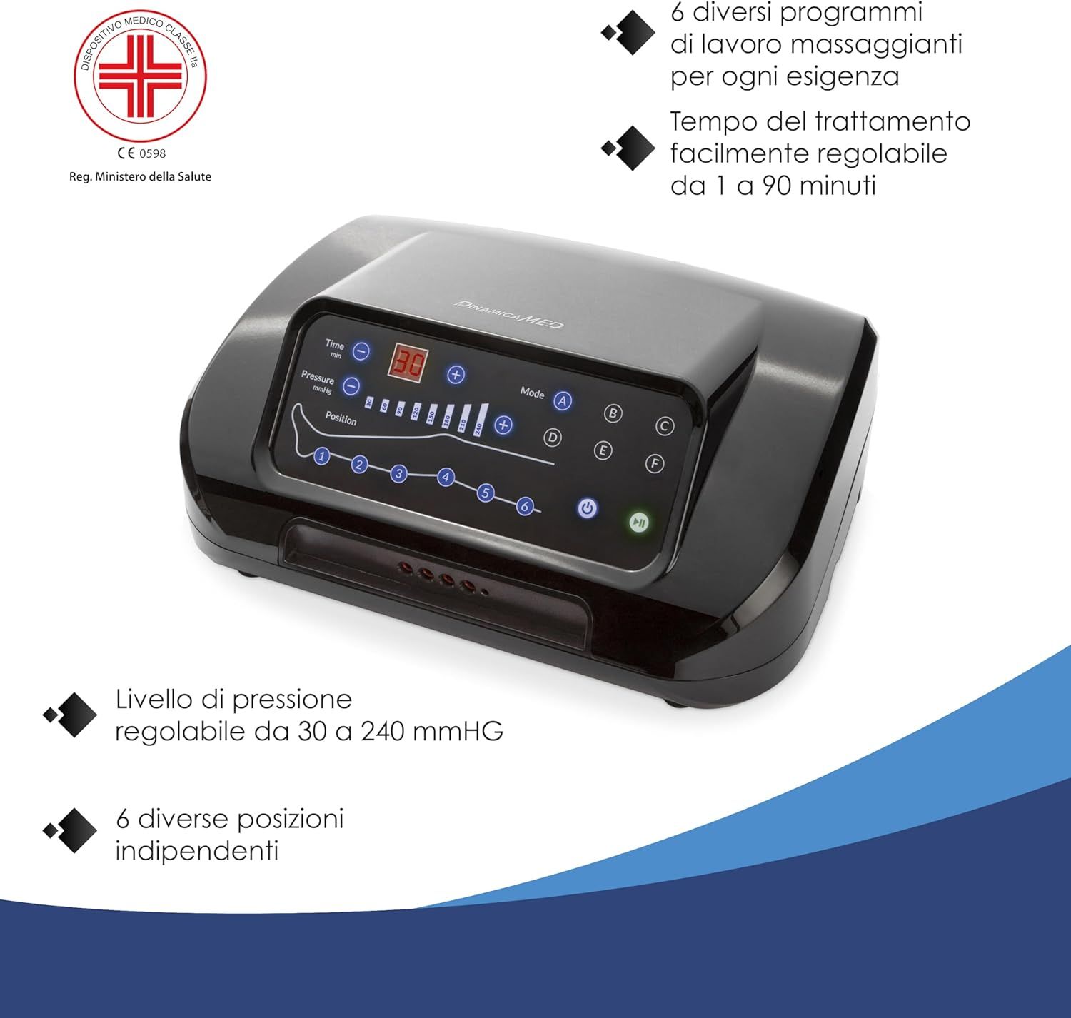 Dispositivo di massaggio nero con display digitale che mostra pressione, modalità e timer. Pressione regolabile da 30 a 240 mmHg.