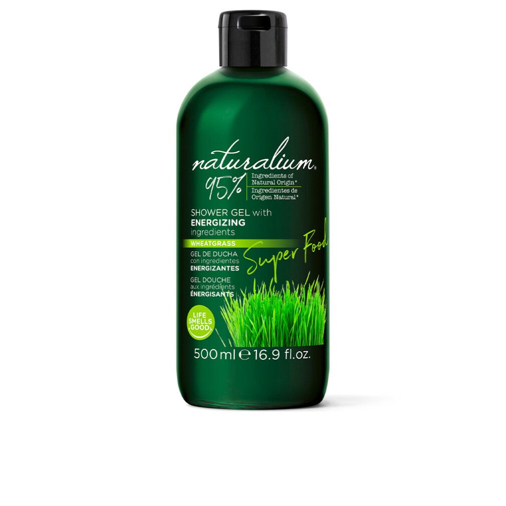 Flacone verde con tappo nero. Scritta: Naturalium, 95%, gel doccia energizzante al grano. 500 ml.