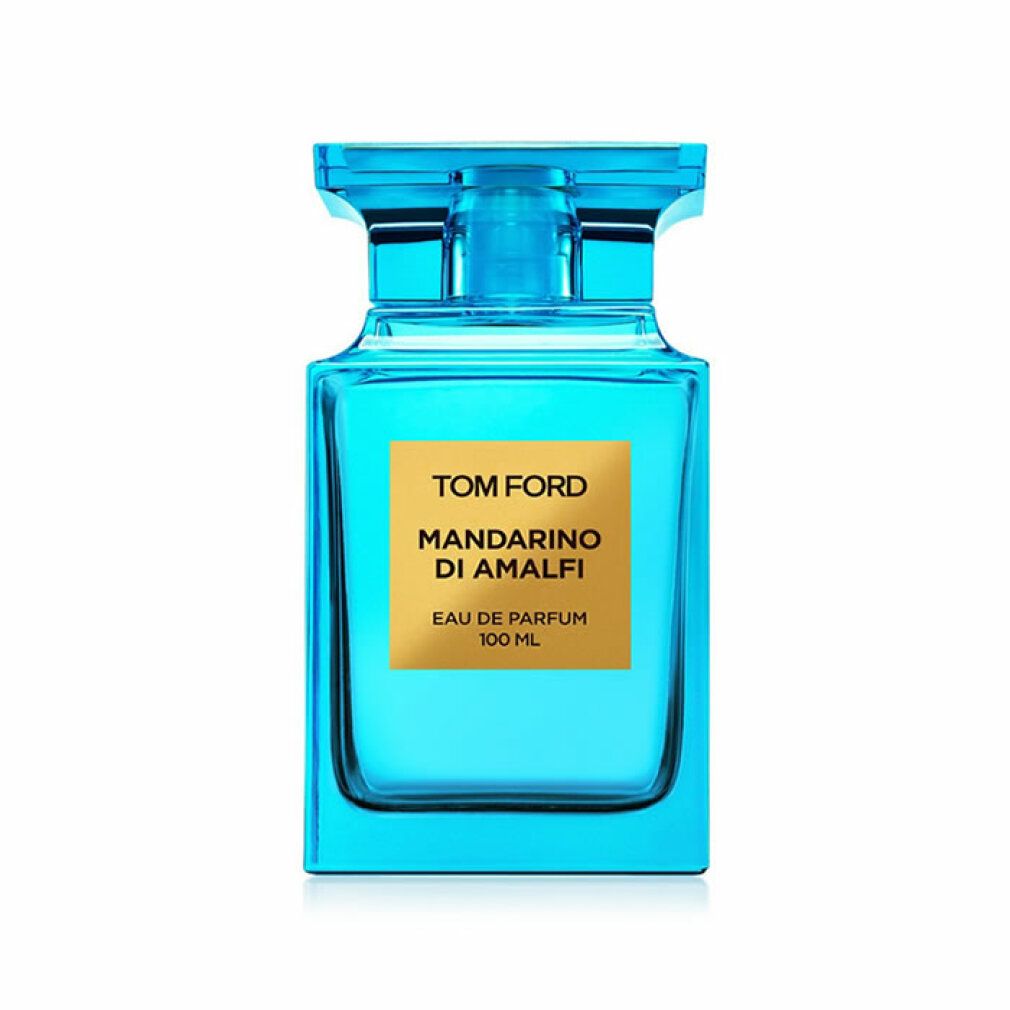 Flacone turchese. Etichetta: Tom Ford Mandarino di Amalfi, Eau de Parfum.