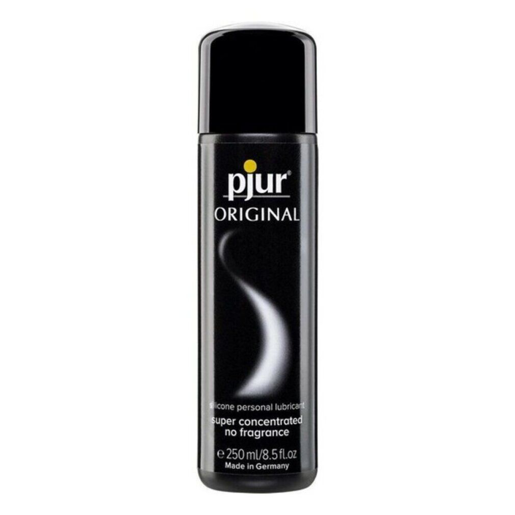 Flacone nero con logo giallo. Scritta: pjur ORIGINAL, SILICONE-BASED PERSONAL LUBRICANT, super concentrated no fragrance, 250ml/8.5 fl.oz. Prodotto in Germania.