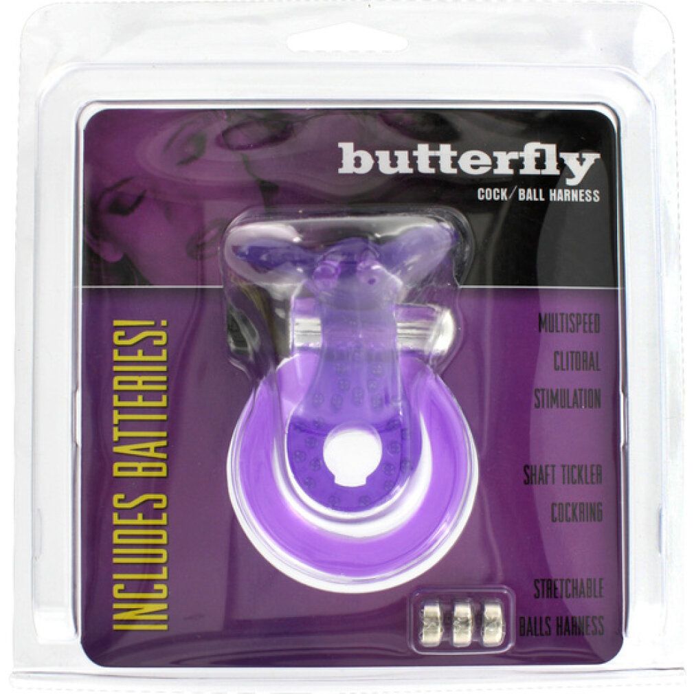 Anello per pene e testicoli viola Butterfly. Anello con rilievi, farfalla. Dettagli argentati. Vibratore nero.