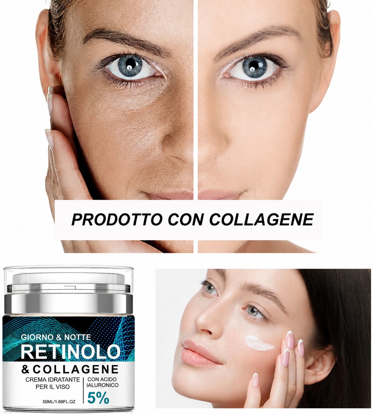 Immagini del viso prima e dopo e crema viso Soleneva Retinololo.
