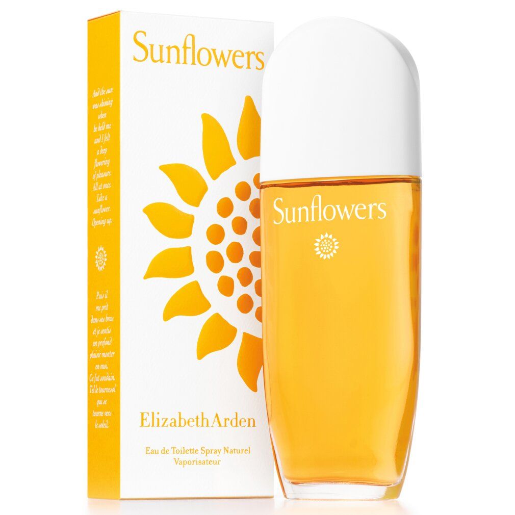 Flacone e scatola. Scritta Sunflowers, Elizabeth Arden. Design girasole su sfondo giallo.