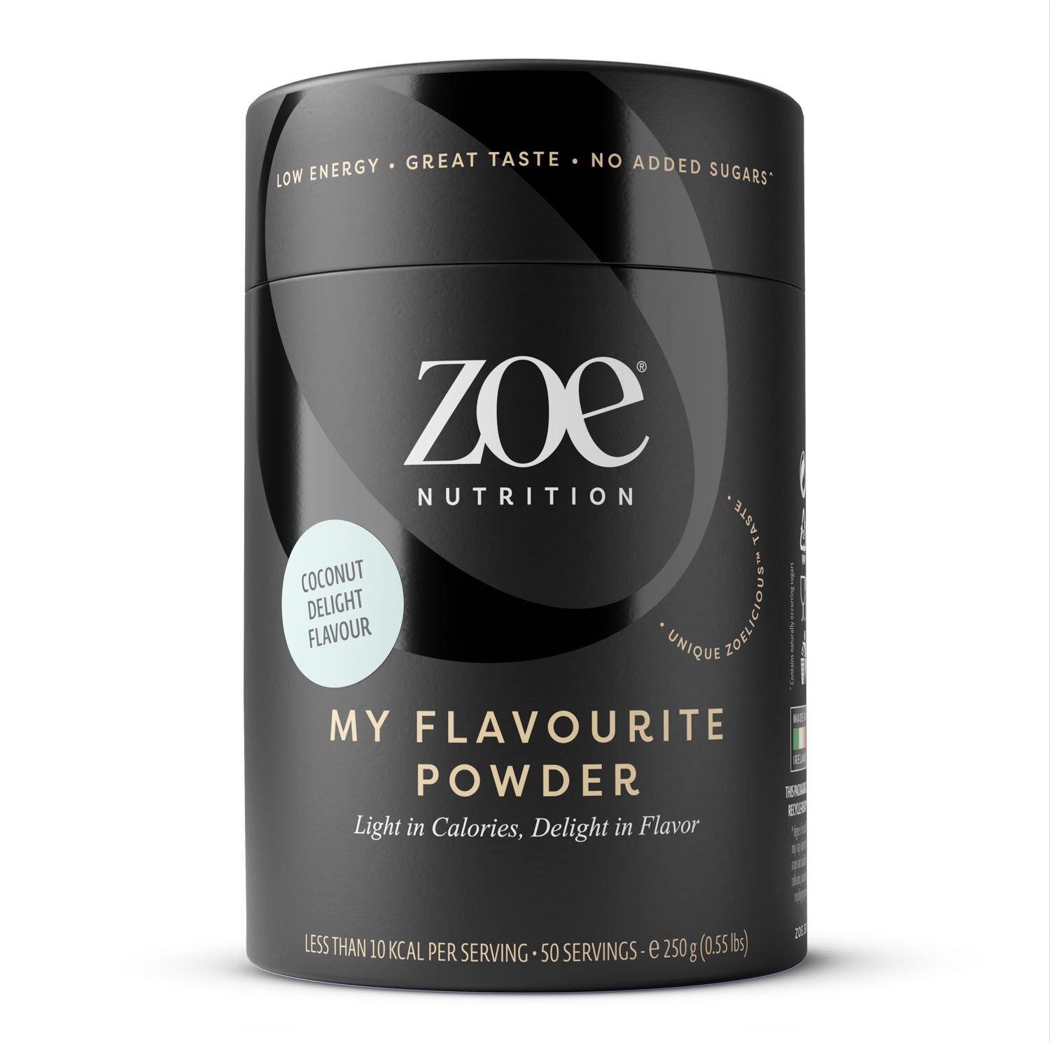 Barattolo cilindrico nero con logo "zoe Nutrition". Scritta "MY FLAVOURITE POWDER". Gusto cocco. Meno di 10 kcal per porzione.