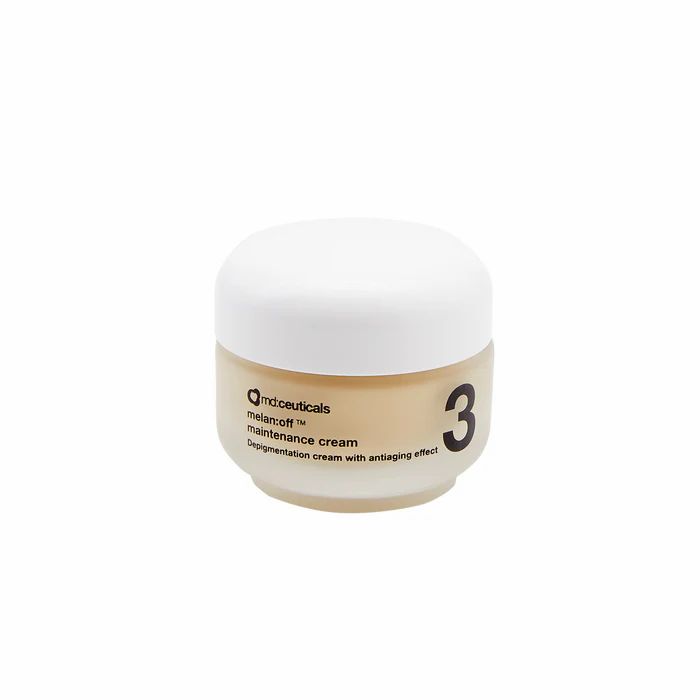 Vasetto di crema con coperchio. Scritta: md:ceuticals melan:off maintenance cream. Numero 3. Testo: Crema depigmentante con effetto anti-età.