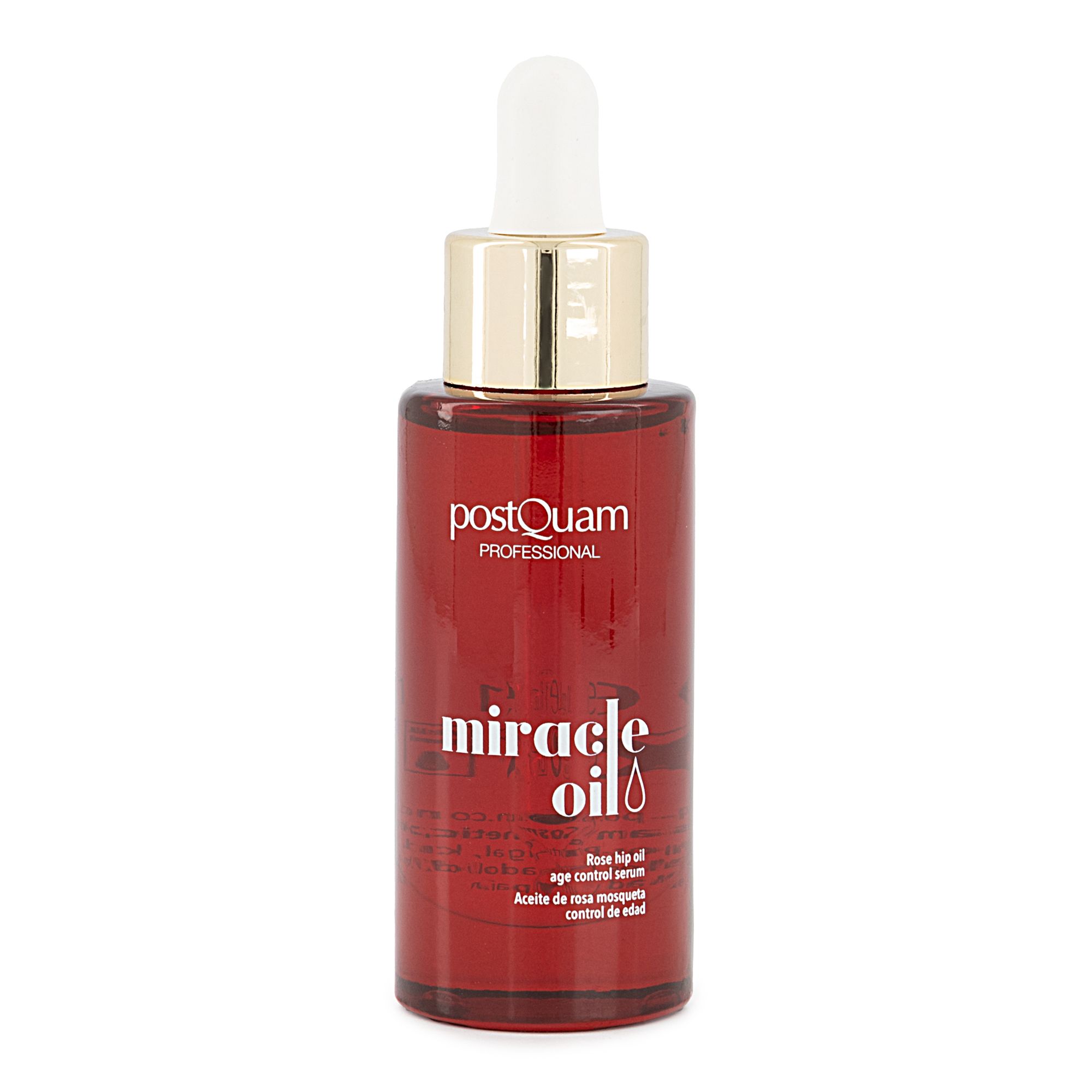 Flacone Postquam Miracle Oil. Flacone rosso con tappo dorato e pipetta. Testo: Miracle Oil, Rose hip oil, age control serum.
