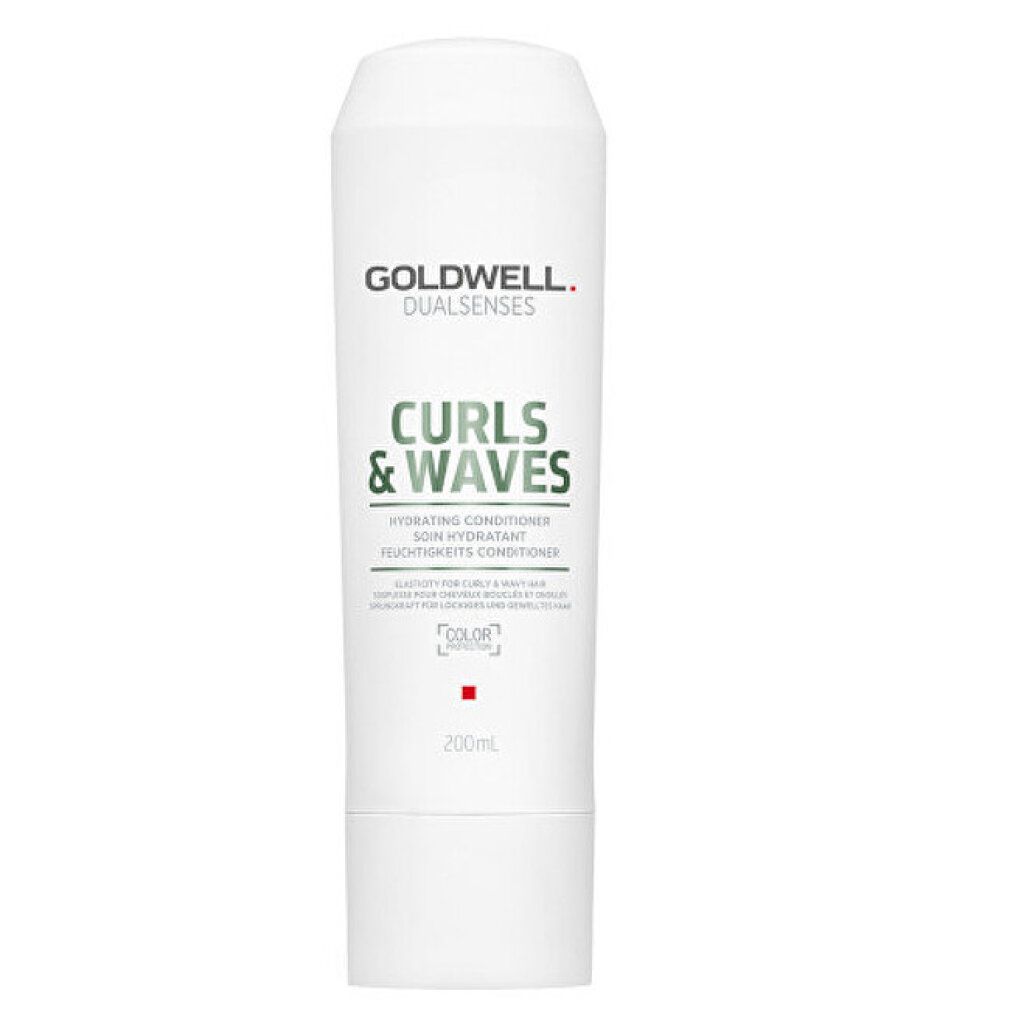 Flacone bianco Goldwell Dualsenses Curls & Waves. Testo: Hydrating Conditioner, 200ml. Marchio colore.