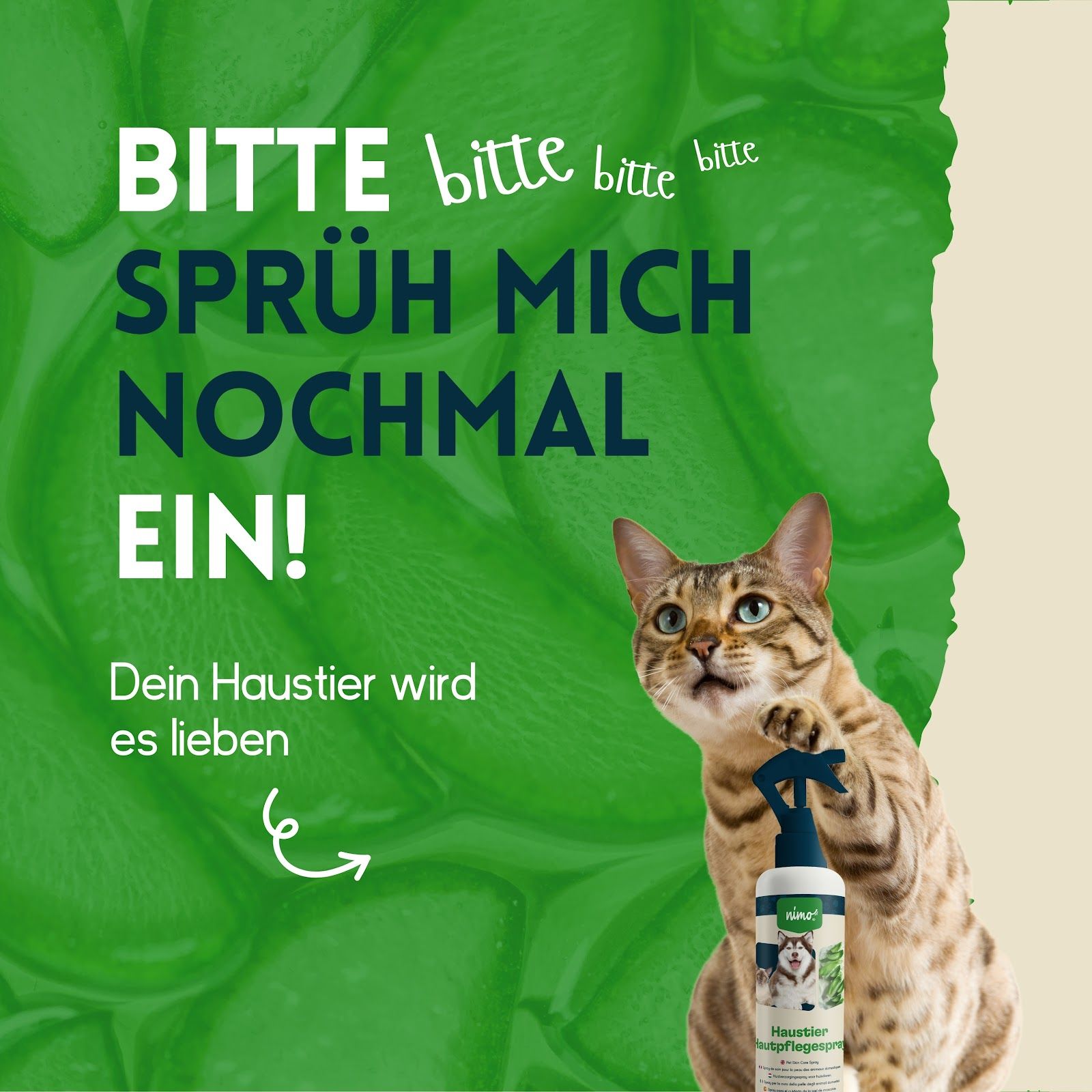 Gatto con flacone. Testo: Spruzzami di nuovo! Il tuo animale domestico lo adorerà.