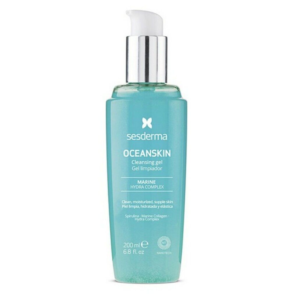 Flacone turchese con dosatore. Scritta: Oceanskin, gel detergente. Contiene Marine Hydra Complex. 200 ml.