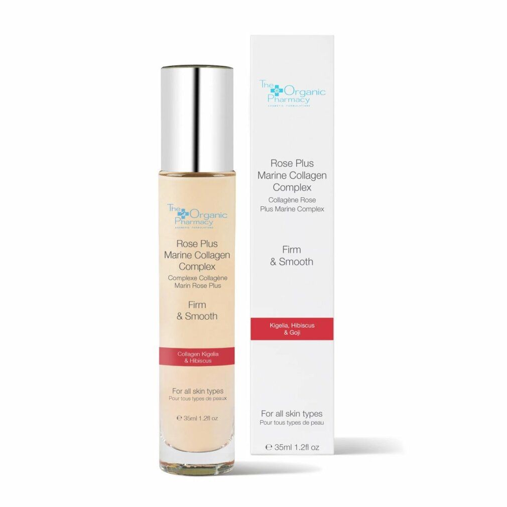 Flacone e scatola. Flacone: Rose Plus Marine Collagen Complex, Firm & Smooth. Scatola: testo e logo. Striscia rossa.