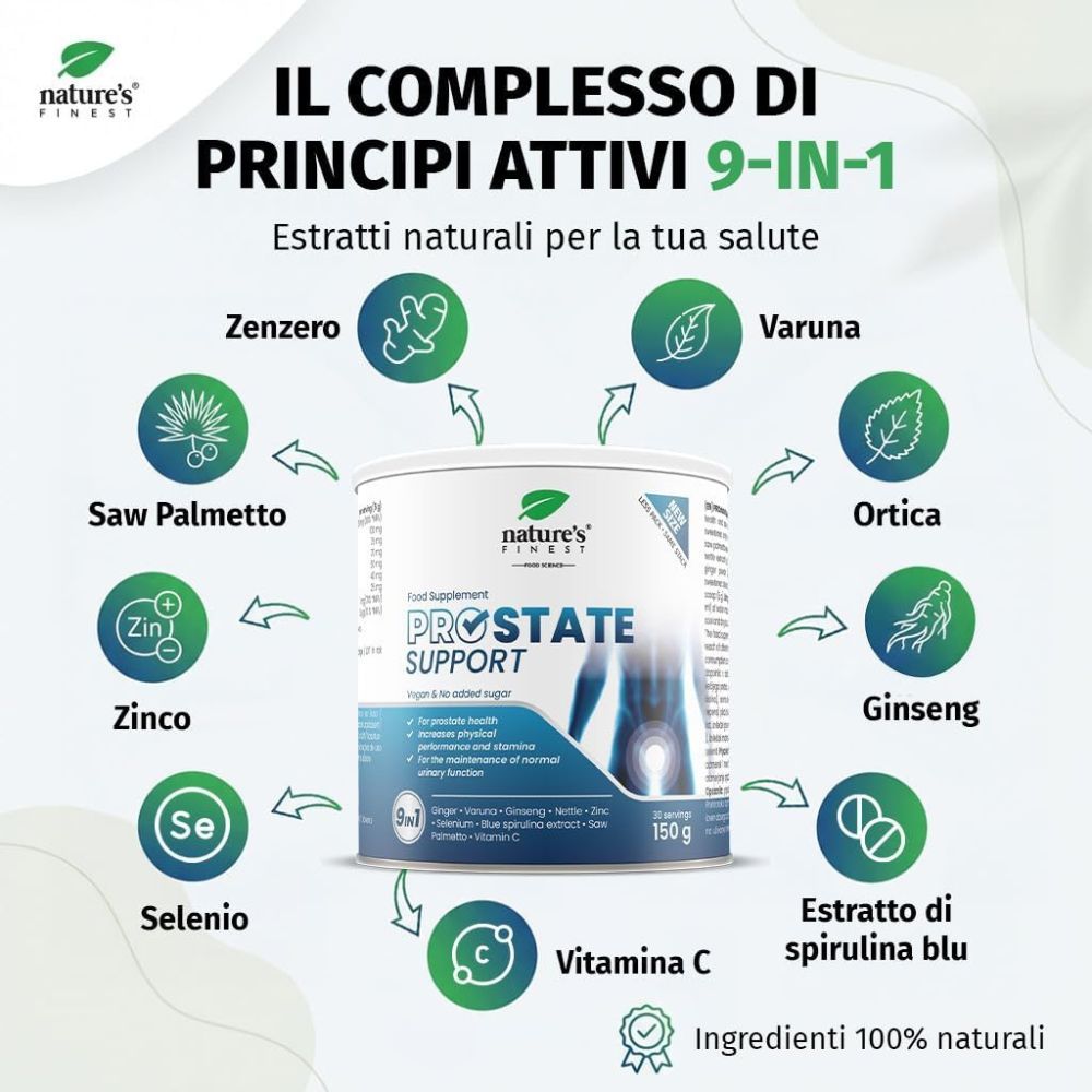 Barattolo Nature's Finest Prostate Support, principi attivi 9-in-1, erbe, vitamine, minerali.