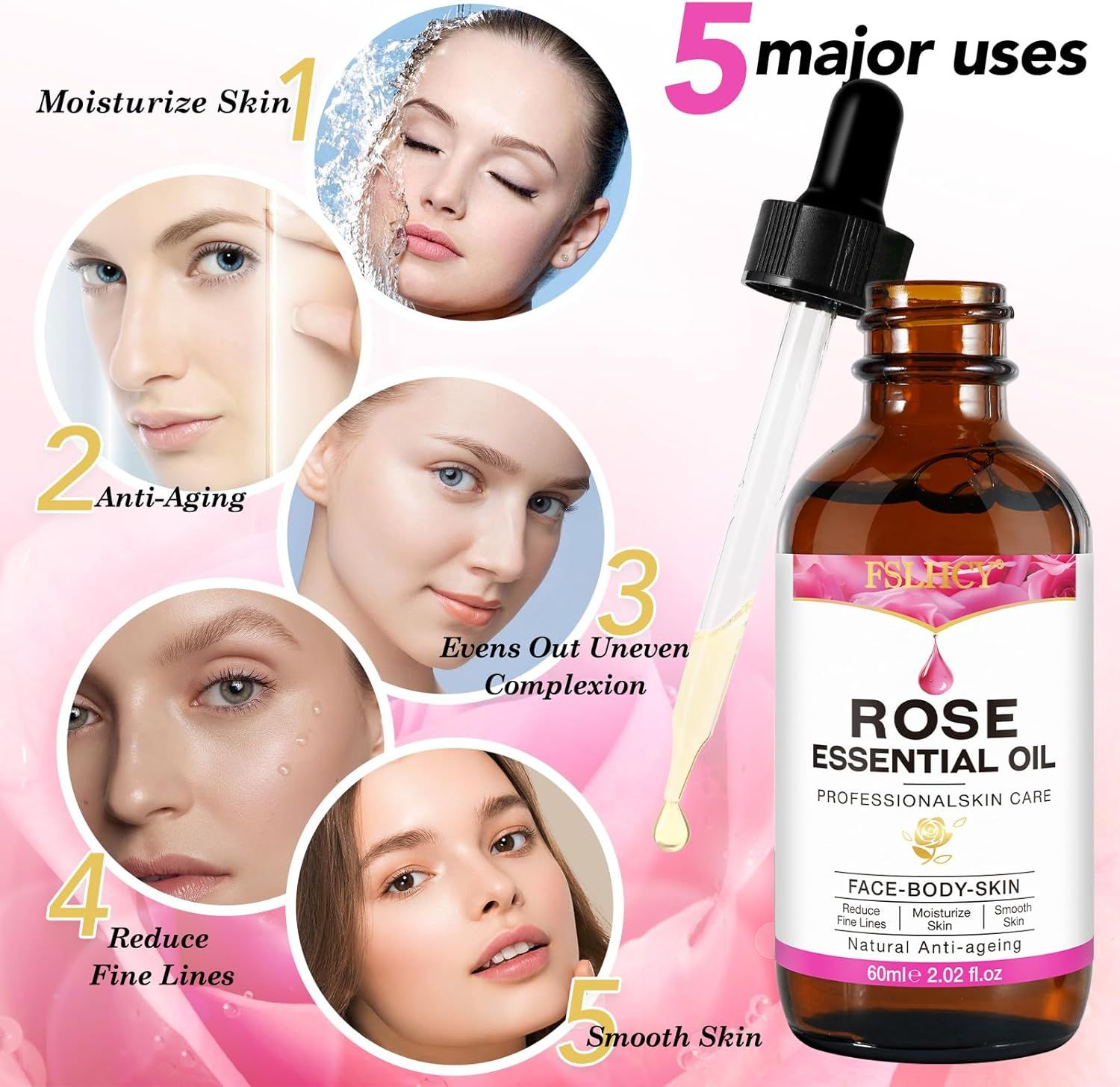 Flacone di vetro marrone con siero e contagocce. Scritta: Rose Essential Oil. 5 usi principali illustrati.