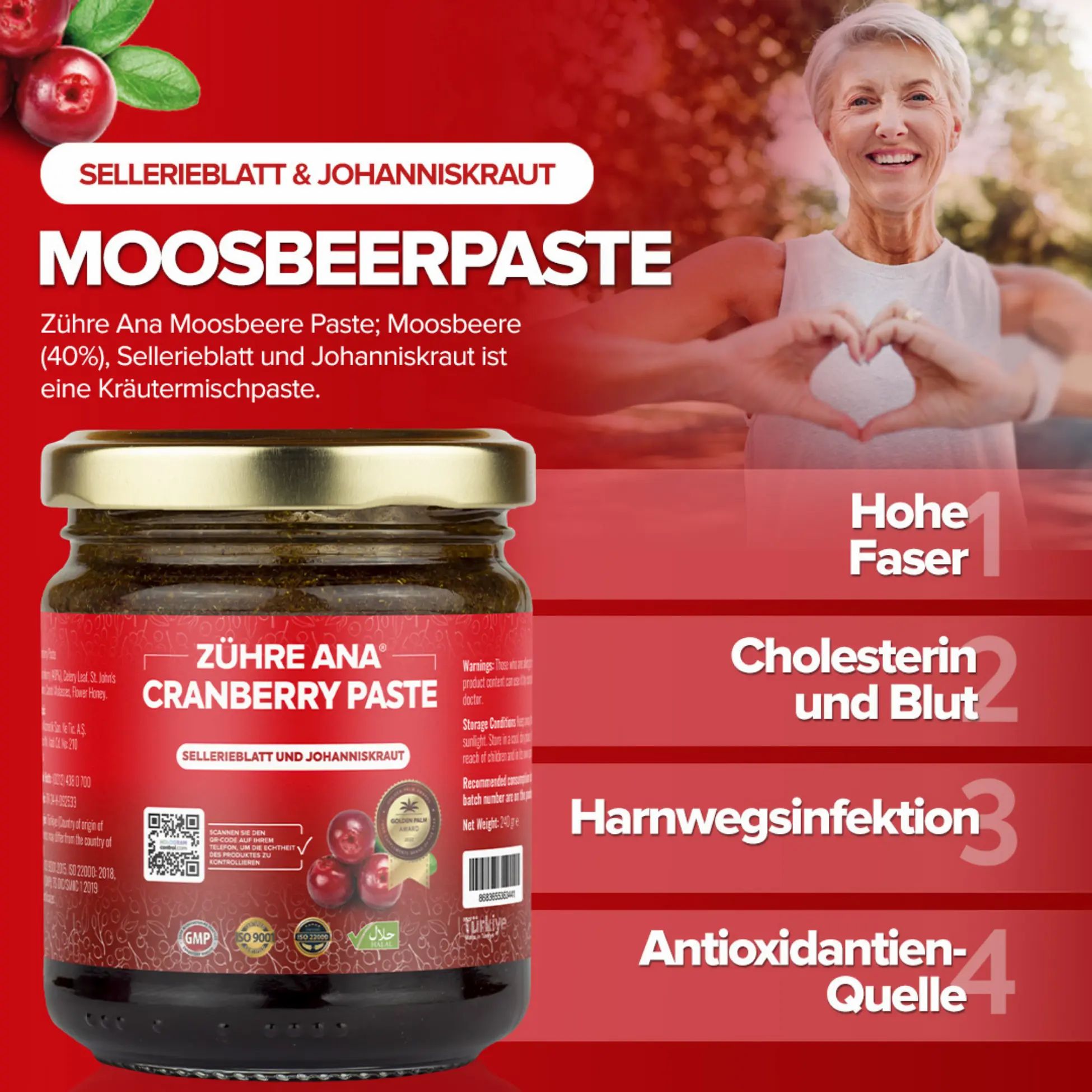 Vaso di pasta di mirtillo rosso Zühre Ana accanto a una donna anziana sorridente.