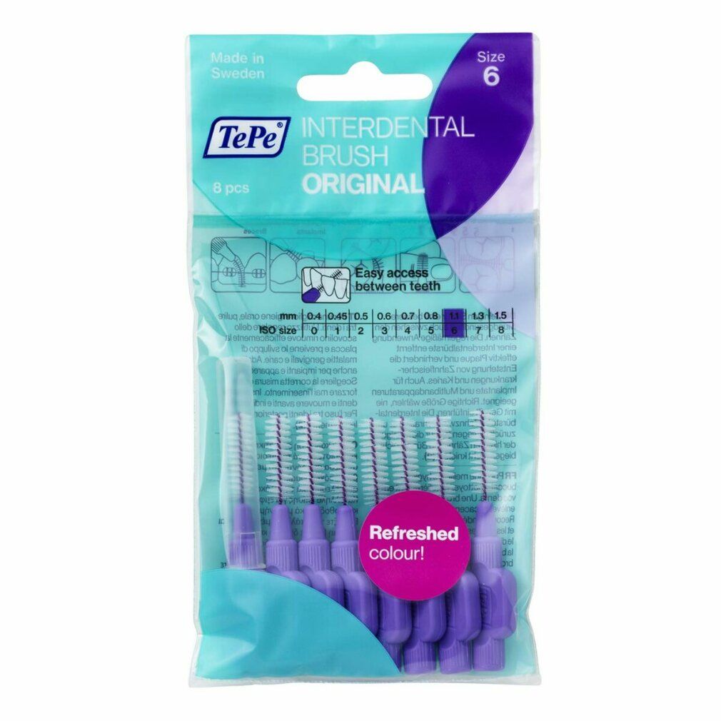 Confezione da 6 scovolini interdentali viola TePe. Scritto: Interdental Brush Original. Dimensione: 1.10 mm.