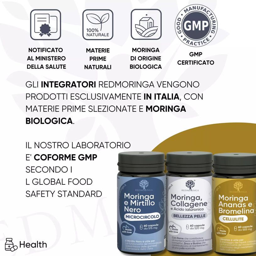 Tre flaconi di capsule. Testo: Notificato al Ministero della Salute, Materie Prime Naturali, RedMoringa.