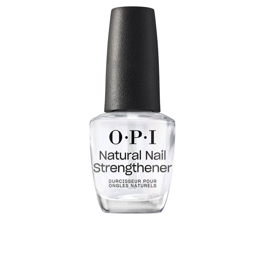 Flacone di smalto trasparente con tappo nero. Etichetta O.P.I Natural Nail Strengthener. Scritta francese: Durcisseur pour ongles naturels.