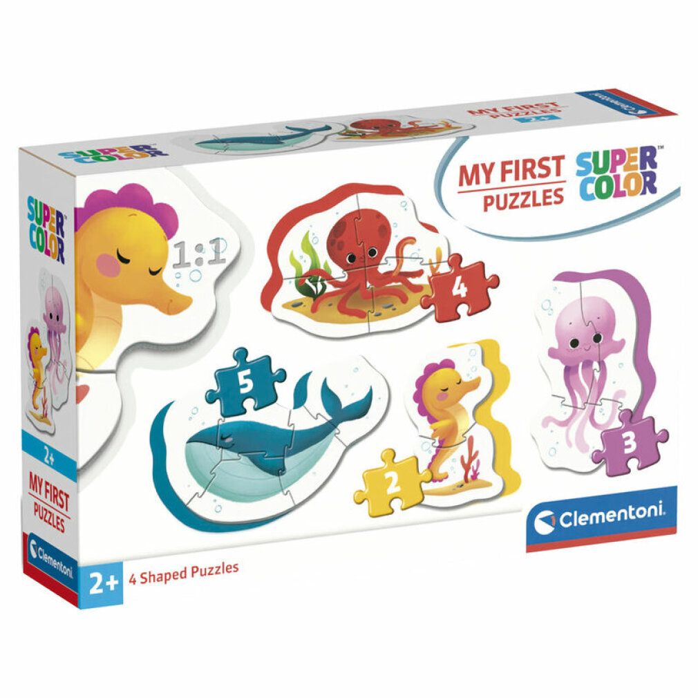 Confezione puzzle. Scritte: "MY FIRST PUZZLES", "SUPER COLOR". Puzzle animali marini. Marchio: Clementoni.