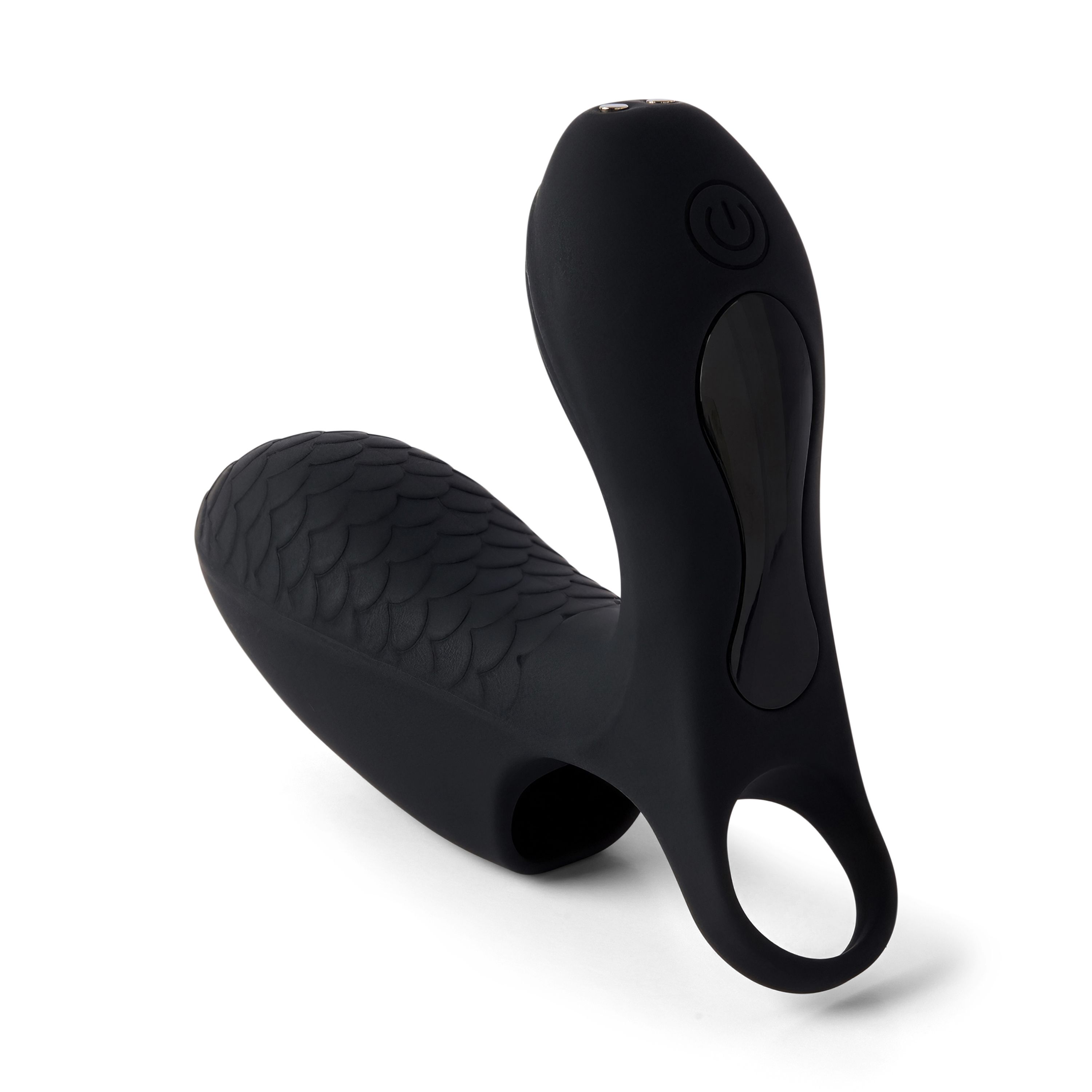 Prodotto benessere nero con superficie strutturata e anello. Con pulsante di accensione/spegnimento. Su sfondo bianco.