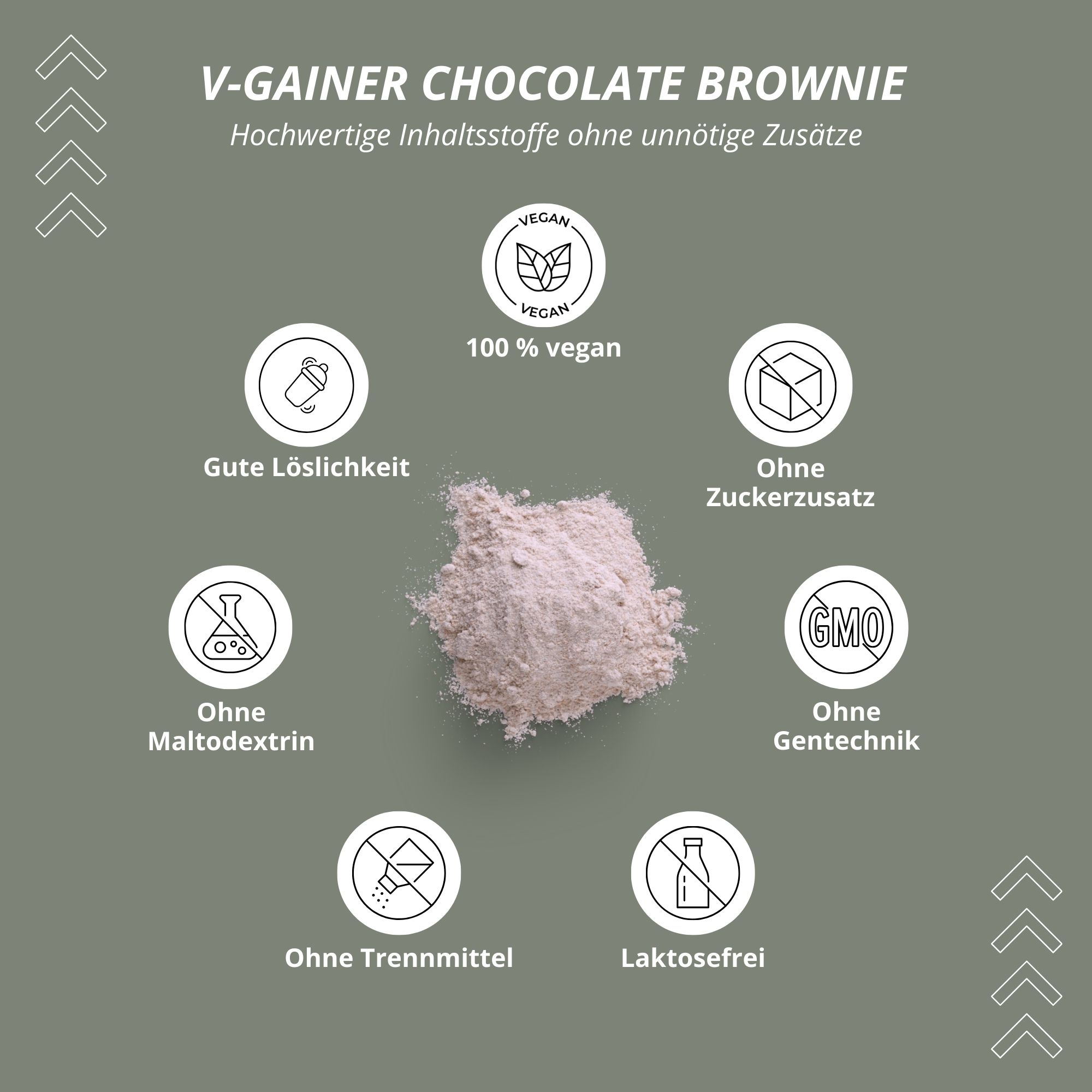 Sfondo grigio con cerchi e testo. Testo: V-GAINER CHOCOLATE BROWNIE. 100% vegano, senza zuccheri aggiunti, senza OGM, senza maltodestrina.