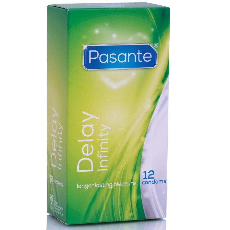 Confezione di preservativi Pasante Delay Infinity, 12 pezzi. Scatola verde con scritte.