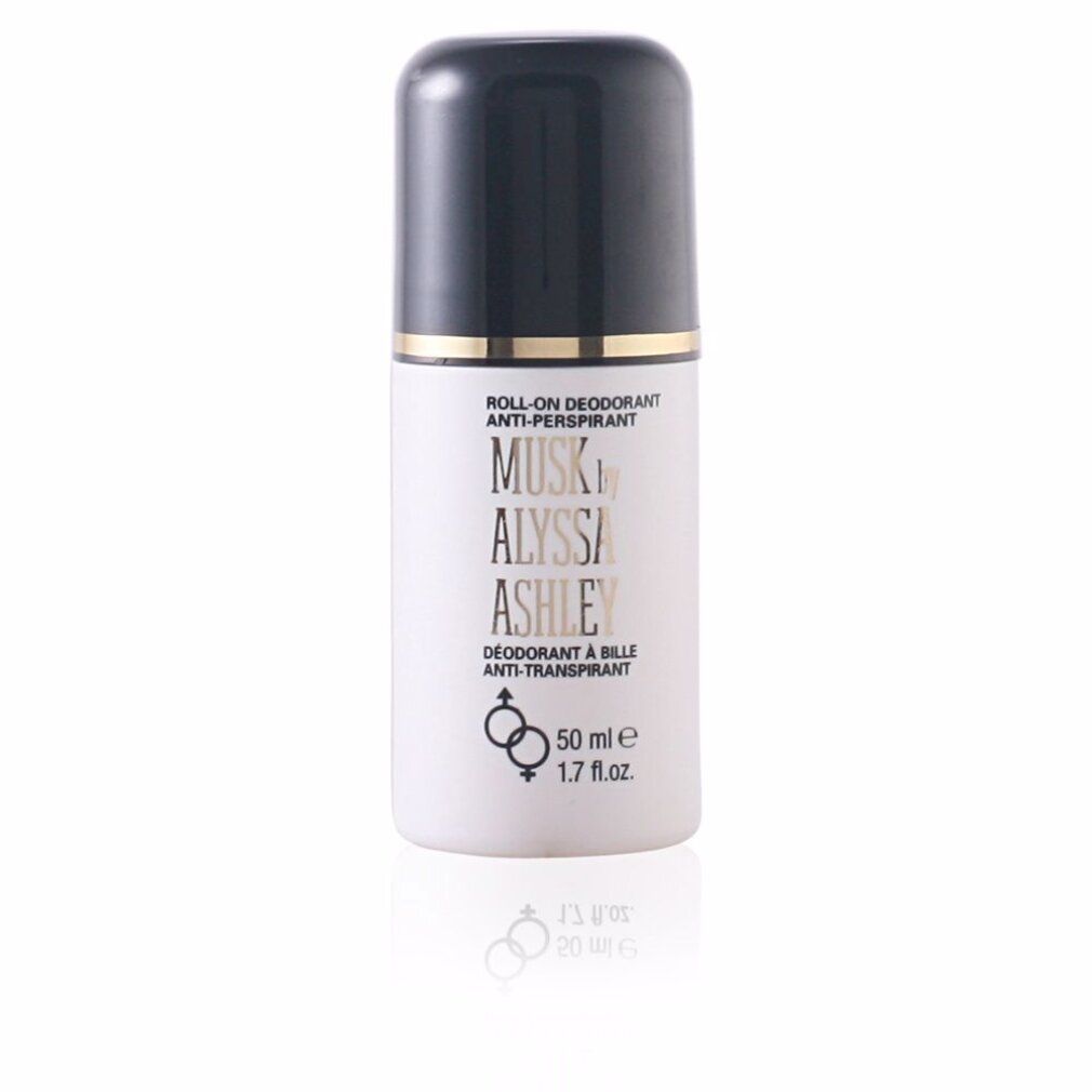 Deodorante roll-on con tappo nero. Scritta: Musk by Alyssa Ashley, 50 ml, anti-traspirante. Riflesso.