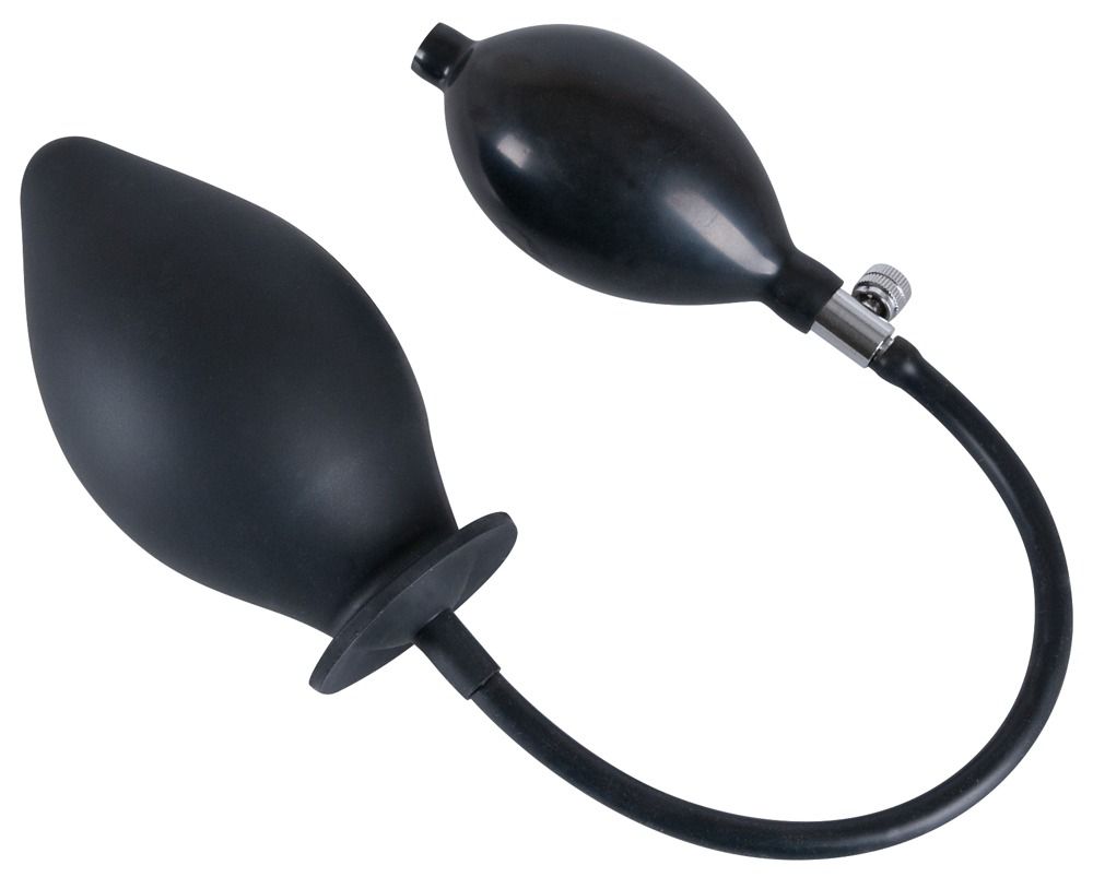 Plug anale gonfiabile nero in silicone con pompa manuale integrata, vista dall'alto.