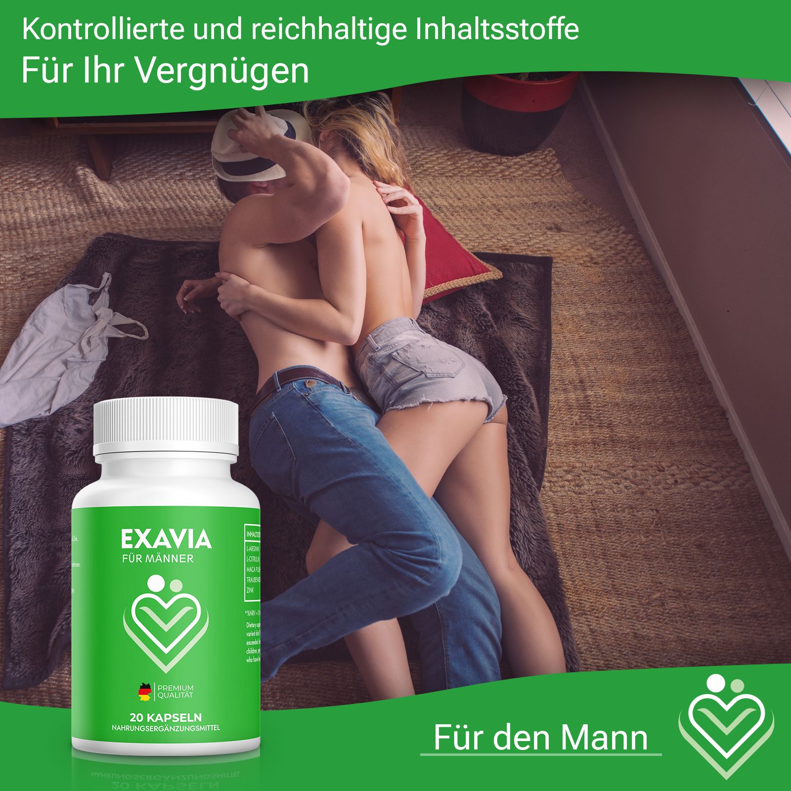 Flacone con etichetta verde. Testo: EXAVIA für Männer, logo, 20 capsule. Testo: Per l'uomo. Coppia in intima abbraccio.