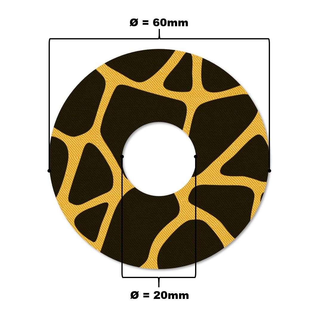 Cerotto per catetere circolare con motivo marrone e giallo e foro. Diametro 60 mm, diametro foro 20 mm.