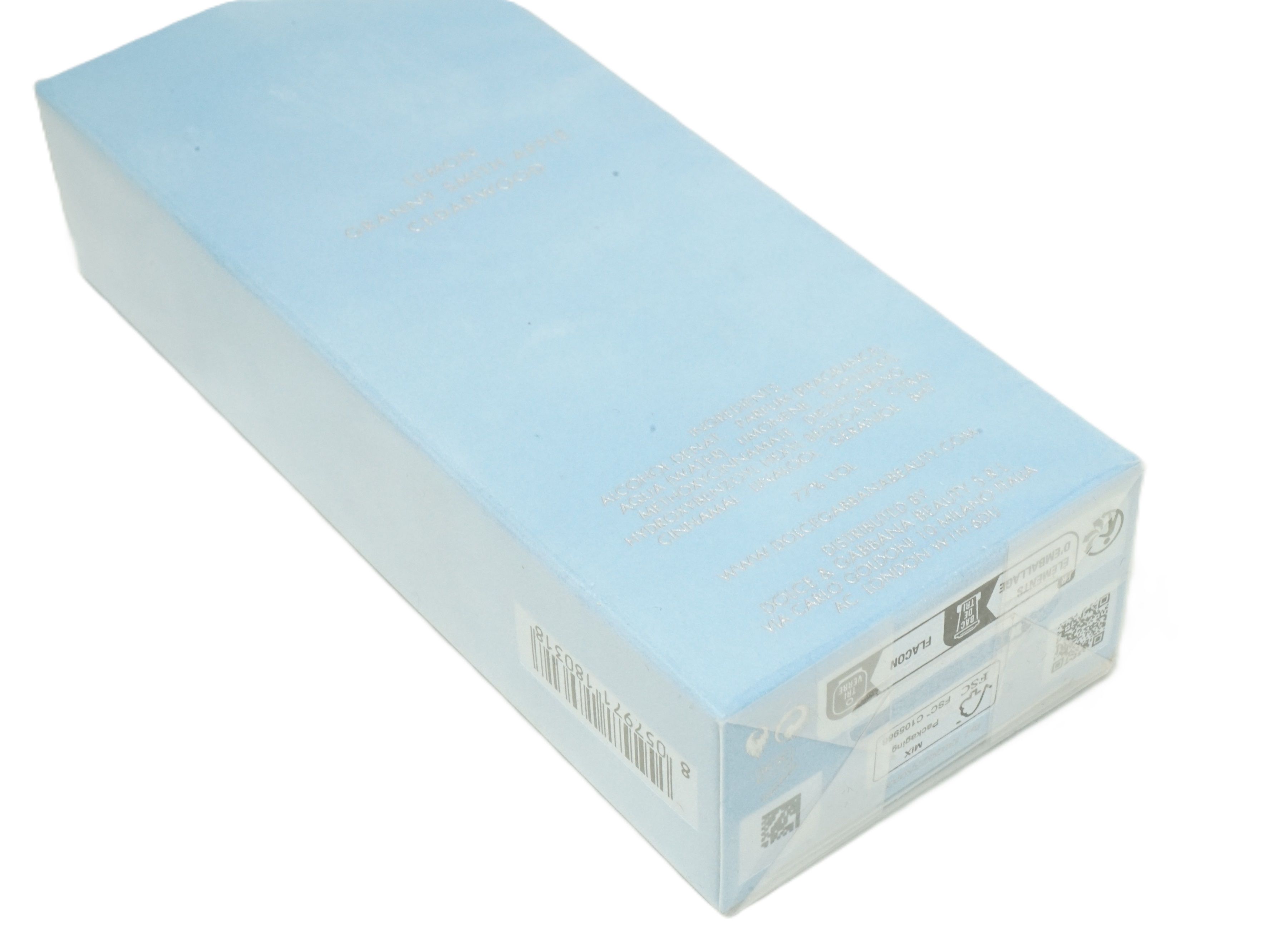 Confezione rettangolare azzurra. Codice a barre e testo sul lato. Dolce & Gabbana Light Blue.
