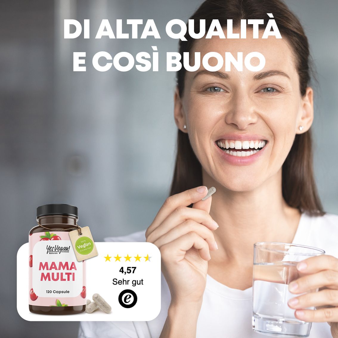 Donna che assume una capsula Mama Multi, bicchiere d'acqua, alta qualità.