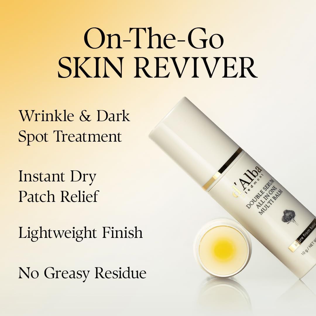 Stick di balsamo bianco con anima gialla. Testo: On-The-Go Skin Reviver. Trattamento rughe e macchie scure.