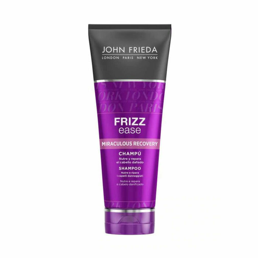 Tubo viola con tappo nero. Scritta: John Frieda, Frizz Ease, Miraculous Recovery Champú. Per capelli secchi e danneggiati.