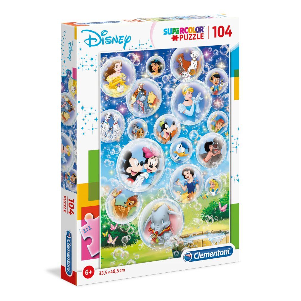 Puzzle Clementoni, 104 pezzi, personaggi Disney in bolle di sapone. Confezione mostra il motivo del puzzle, logo Disney, età consigliata 6+ e dimensioni.