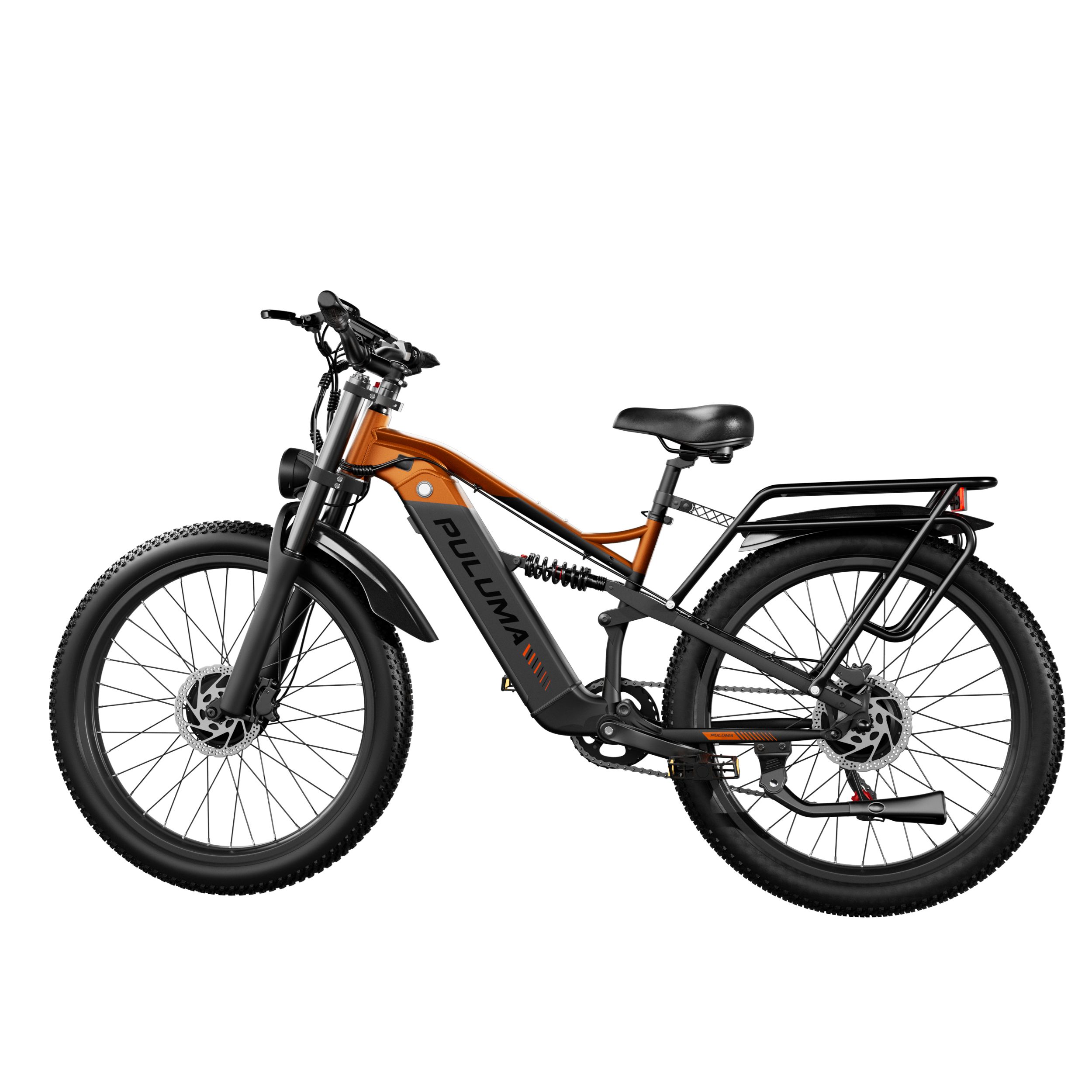 E-bike PULUMA PE86 Pro con doppio motore. Telaio arancione, pneumatici neri e portapacchi. Faro anteriore.