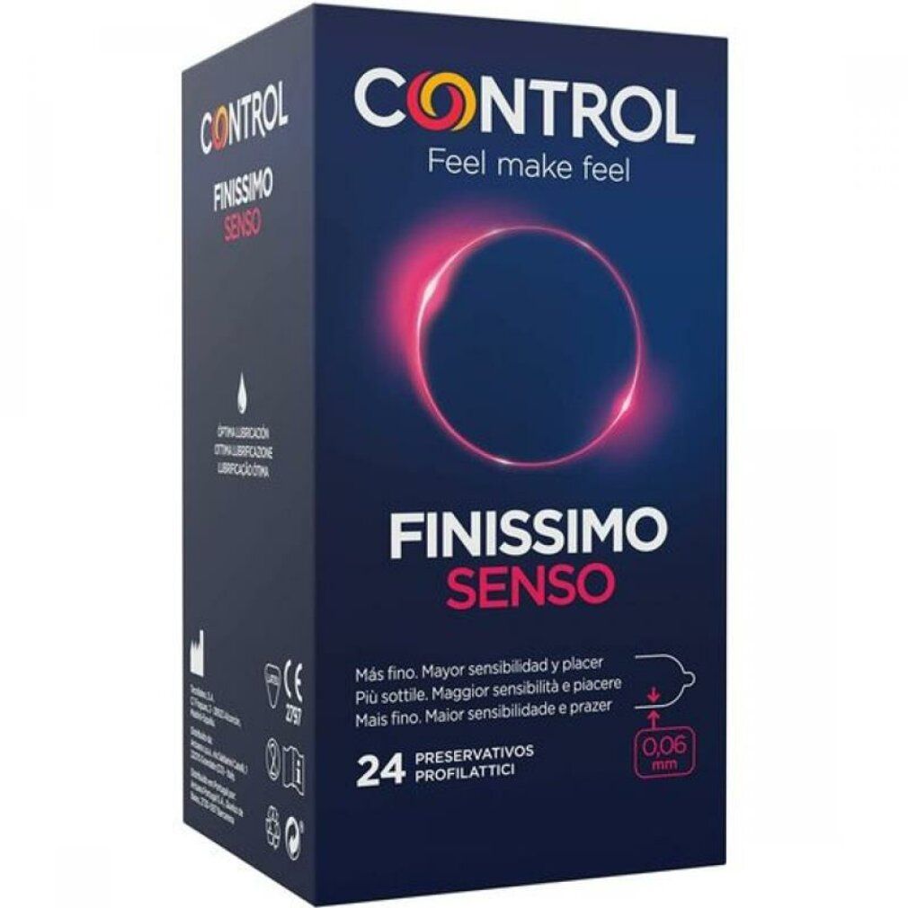 Scatola di preservativi CONTROL FINISSIMO SENSO. 24 pezzi. 0,06 mm. Sfondo blu scuro, cerchio rosso. Testo multilingue.