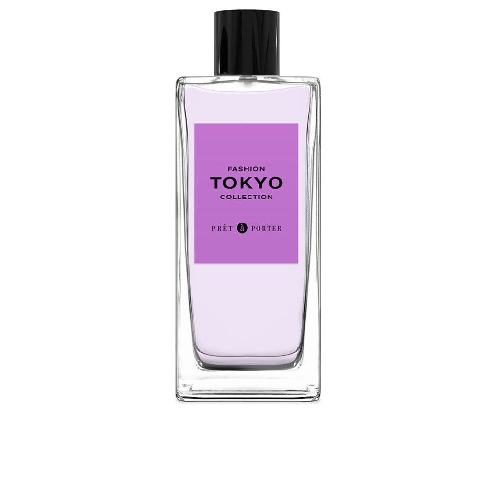 Flacone in vetro con liquido viola e tappo nero. Etichetta con testo: Fashion Tokyo Collection, Pret a Porter.