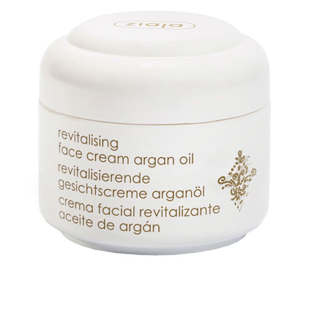 Vasetto bianco con scritta dorata e logo Ziaja. Contiene crema viso rivitalizzante all'olio di argan.
