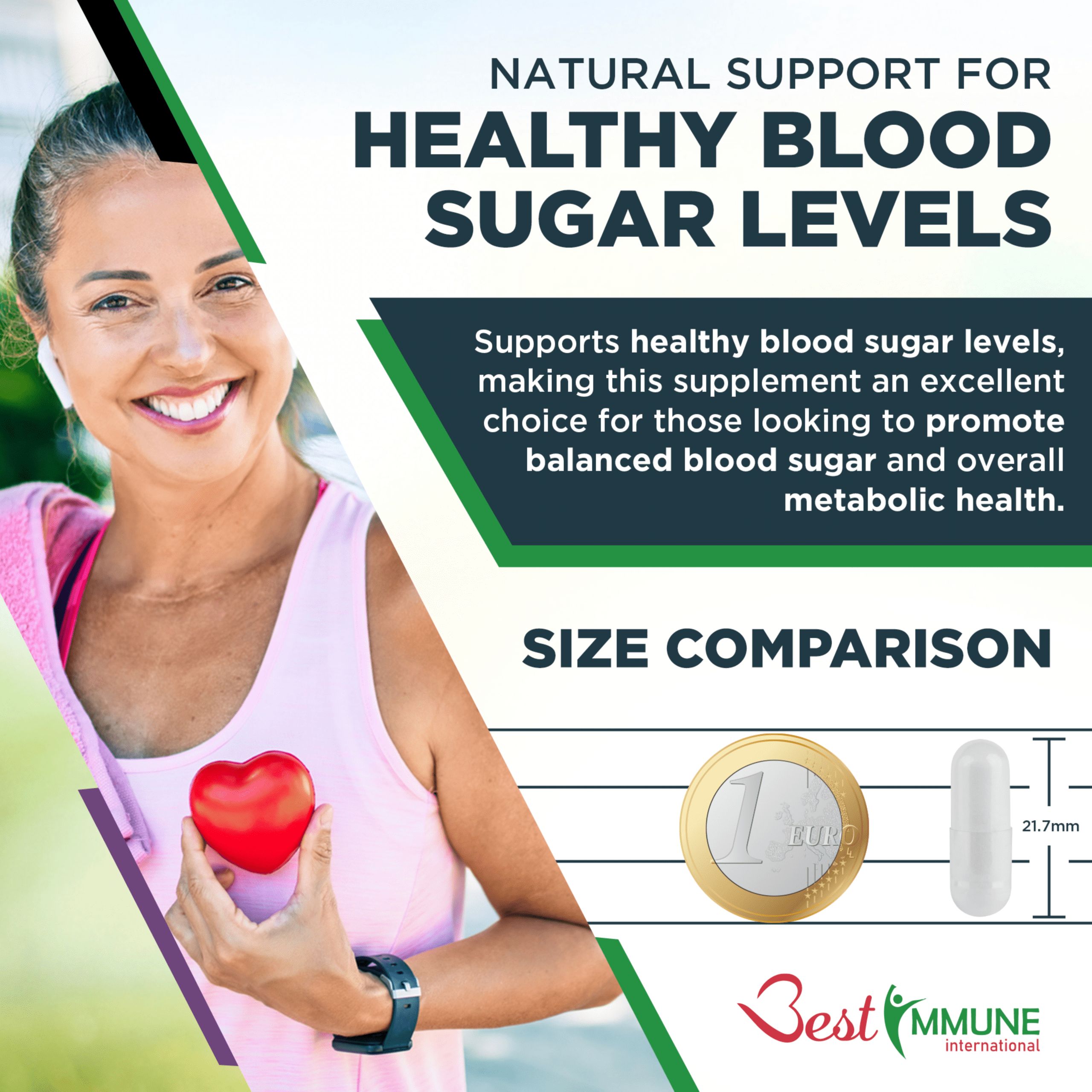 Donna con cuore rosso e capsula. Confronto: capsula accanto a una moneta da 1 euro. Testo: Supporto naturale per livelli sani di zucchero nel sangue.