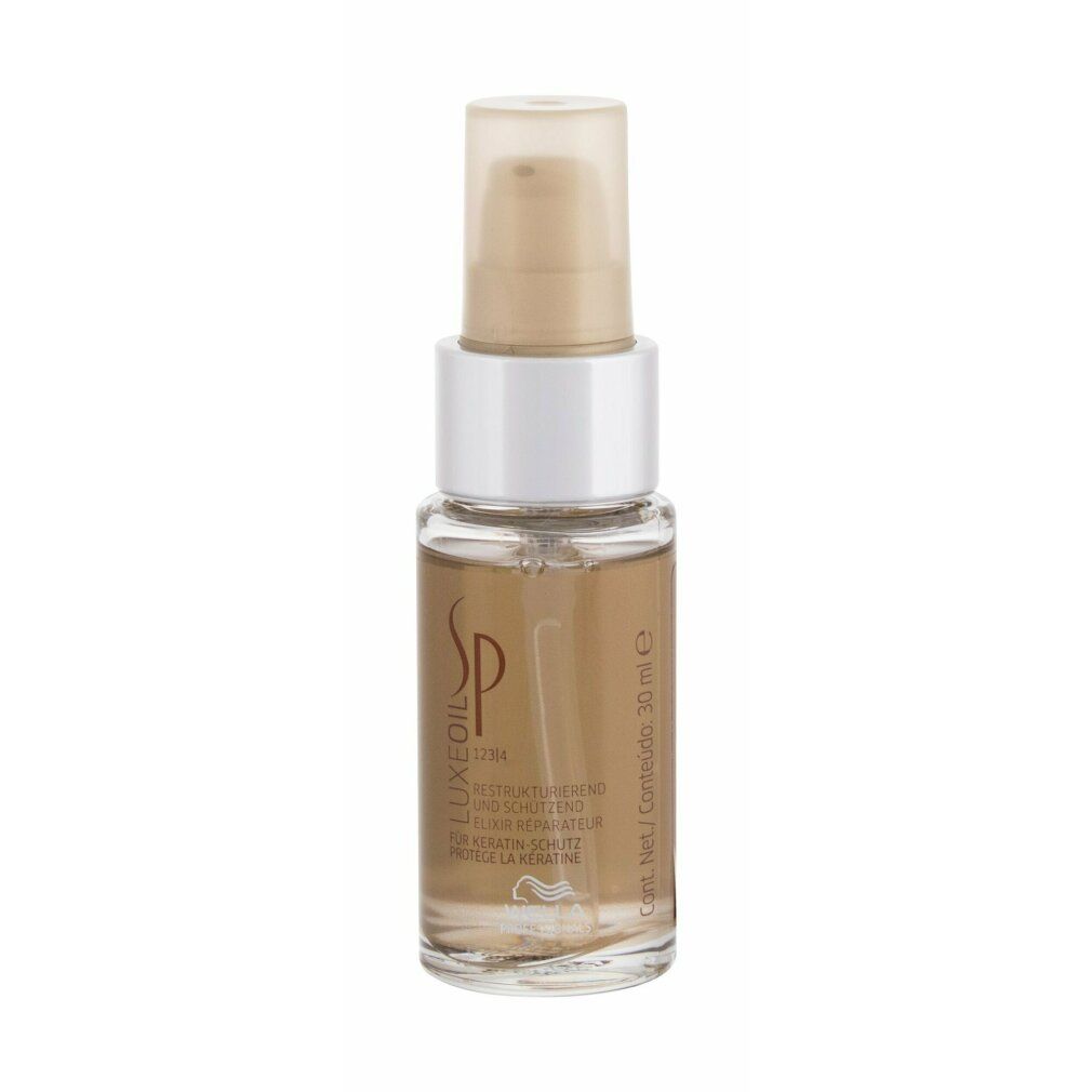Piccolo flacone trasparente con contenuto dorato. Scritta: SP LuxeOil. Marchio: Wella Professionals. Volume: 30 ml.