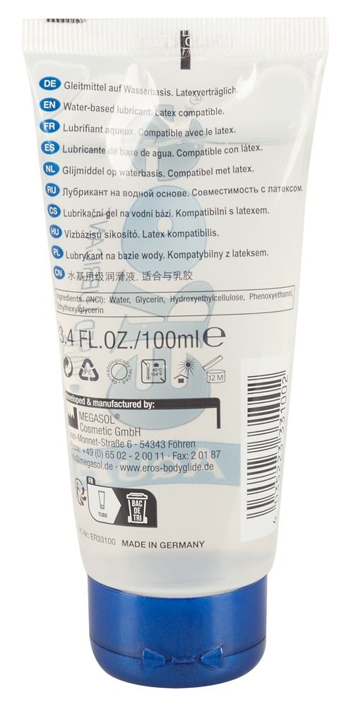 Retro del tubetto di lubrificante EROS Aqua con informazioni sul prodotto e sigilli.