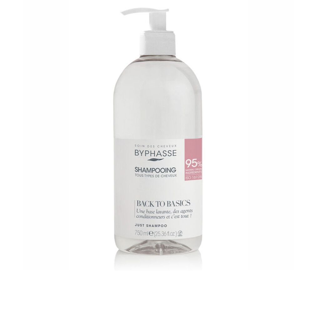 Flacone trasparente con dosatore. Scritta: BYPHASSE, Shampooing, Back to Basics. Etichetta rosa con 95%.