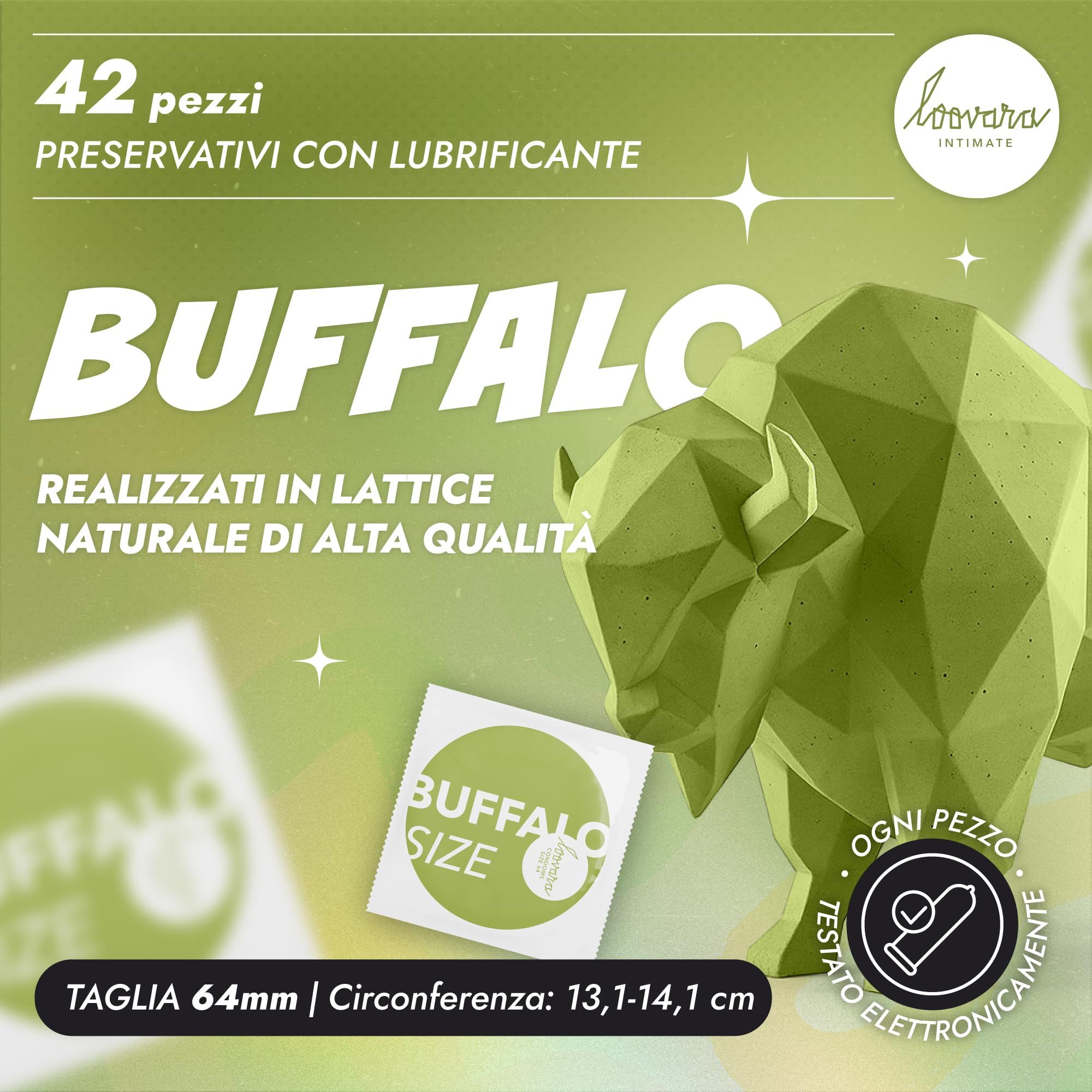 Confezione di preservativi Loovara Buffalo XXL con grafica di bufalo stilizzata e singolo preservativo.