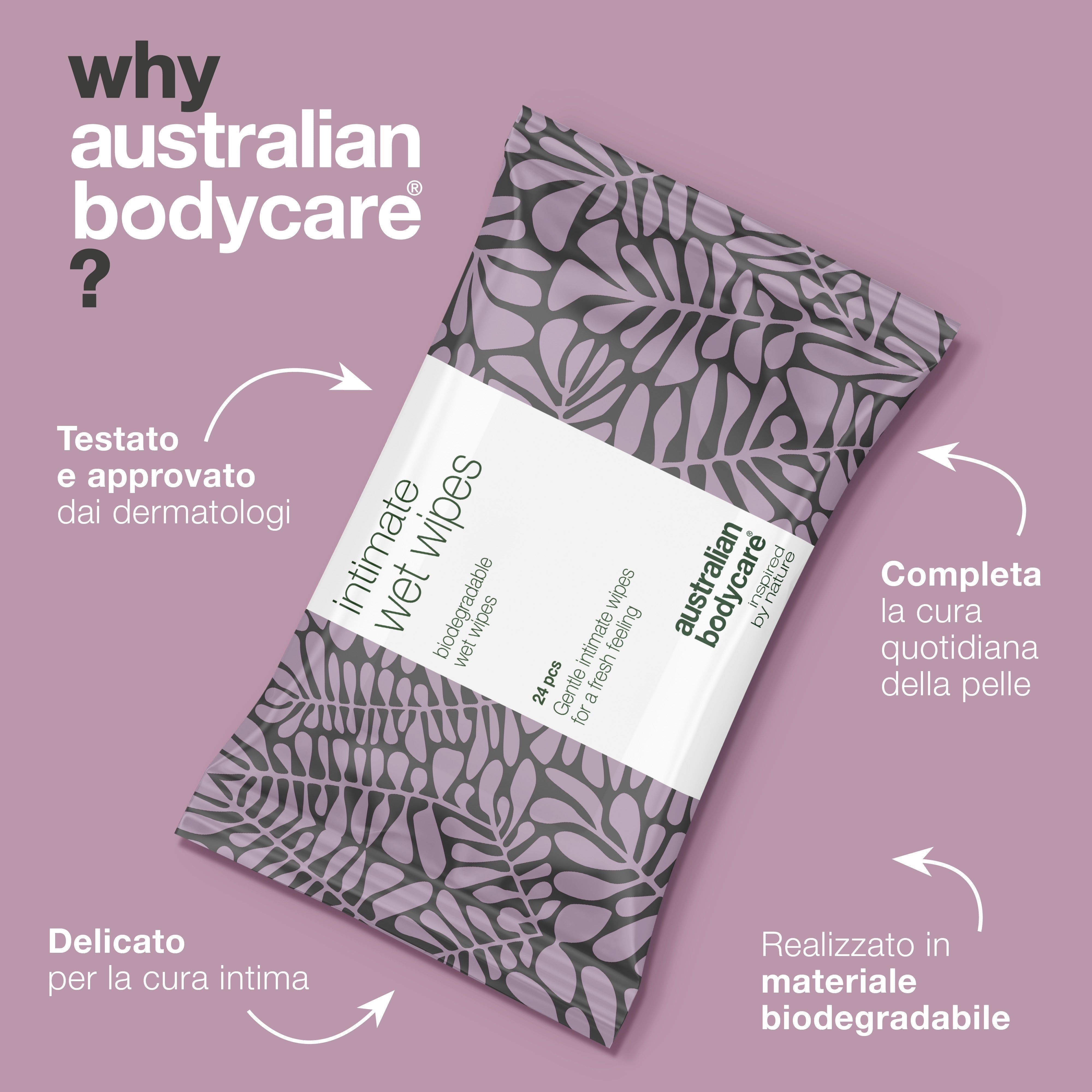 Confezione salviette intime. Testo: Testato e approvato dai dermatologi. Delicato per la cura intima. Biodegradabile.