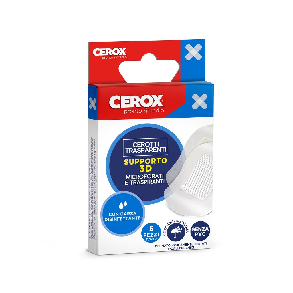 CEROX Plus 3D, Cerotti Medi Microperforati e Traspiranti, Garza Disinfettante, 5 Pezzi